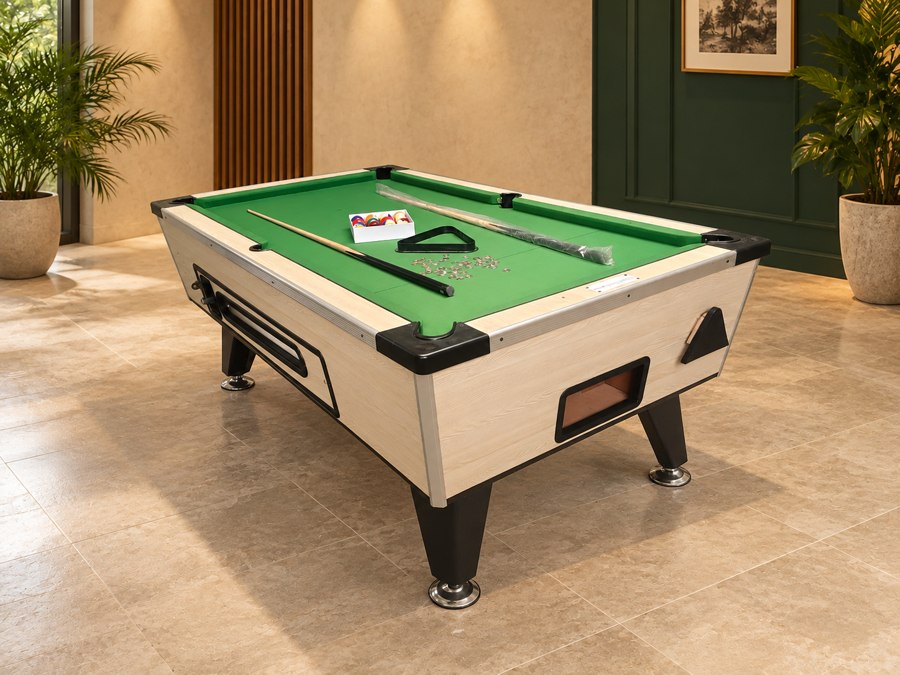 Table Standard : finition bois clair, tapis vert et poches noires.